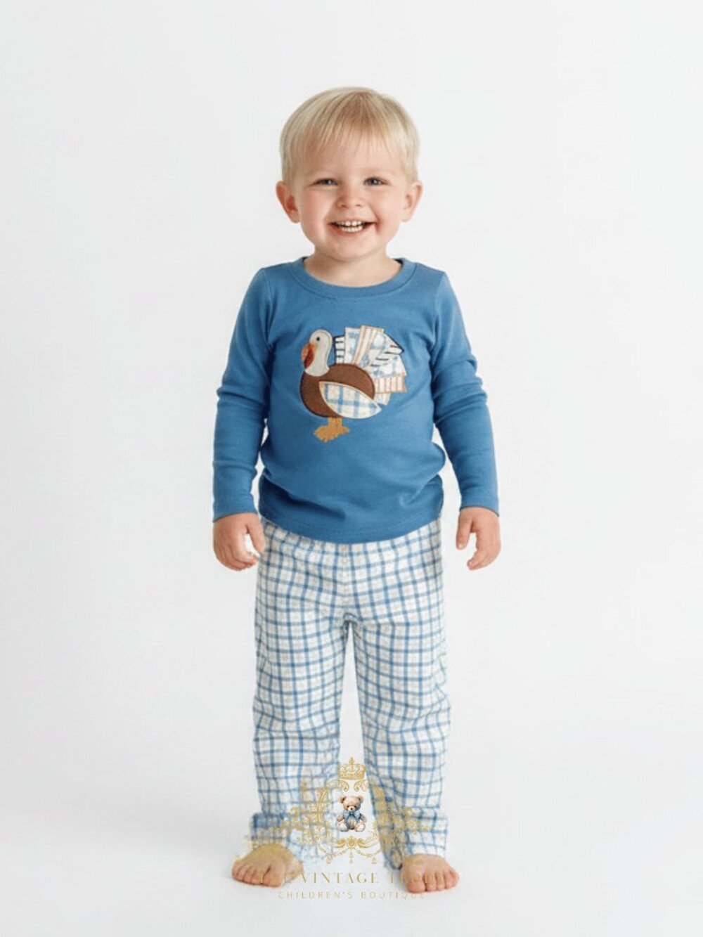NWT Cute Boys Top & Long Pants Matching Set Embroidered Turkey Orange & Blue 3T